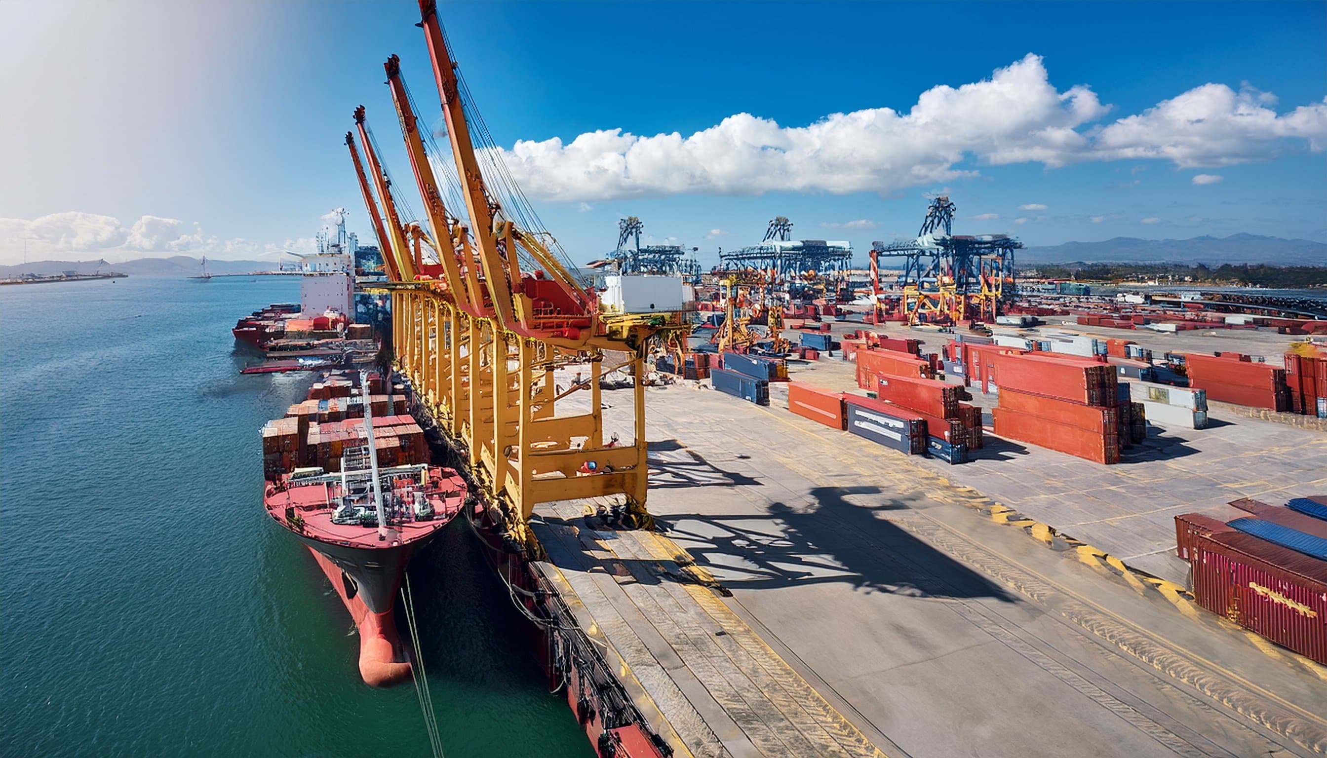 Cargo Handling Services - Busy port with cargo ships and cranes