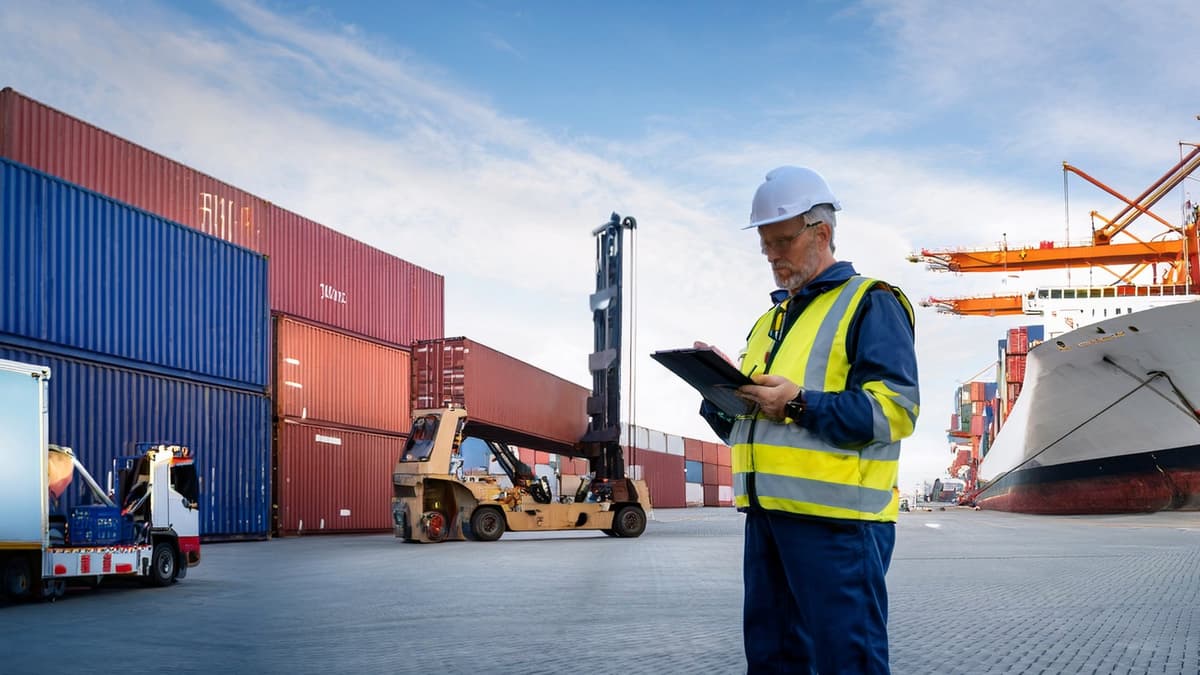 Logistics worker inspecting containers at port
