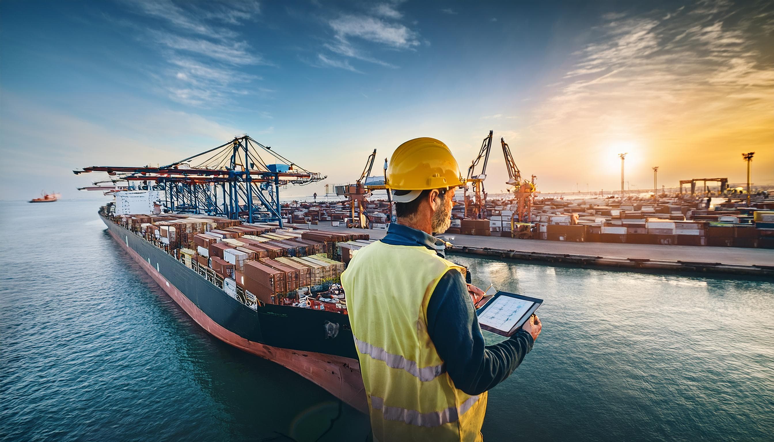 Port terminal with ship and worker