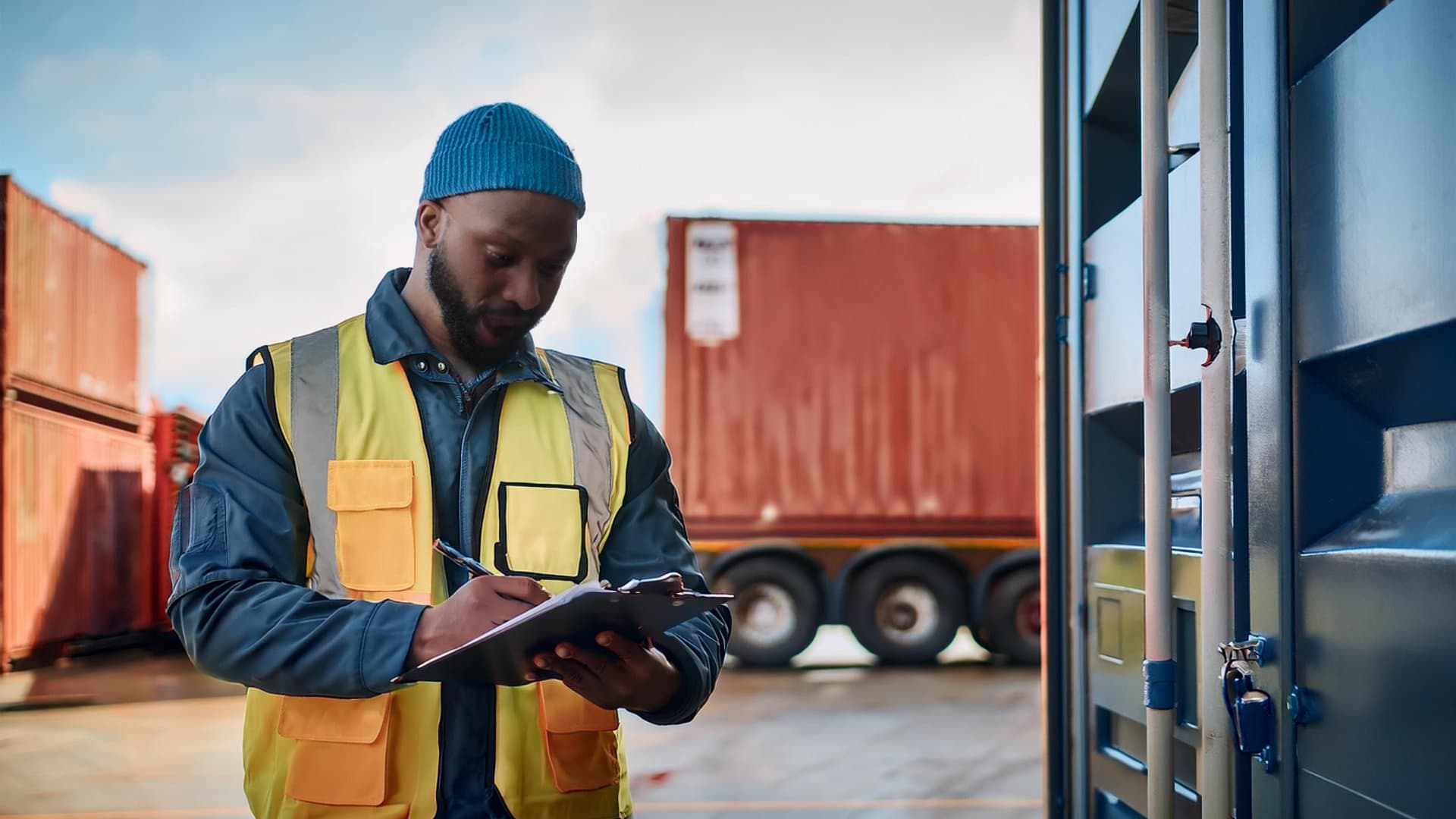 Customs officer inspecting shipping documents at port