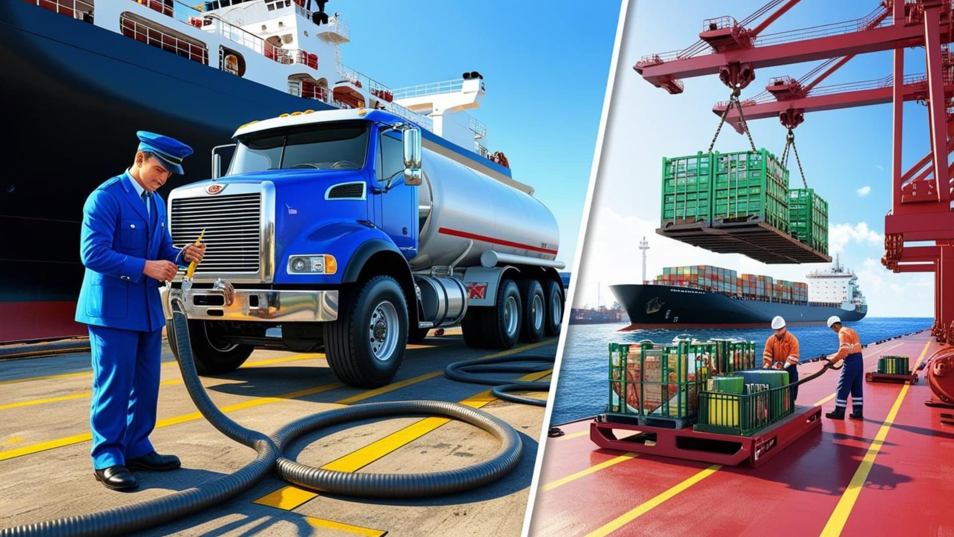 Truck delivering fresh water and crane loading provisions onto ship