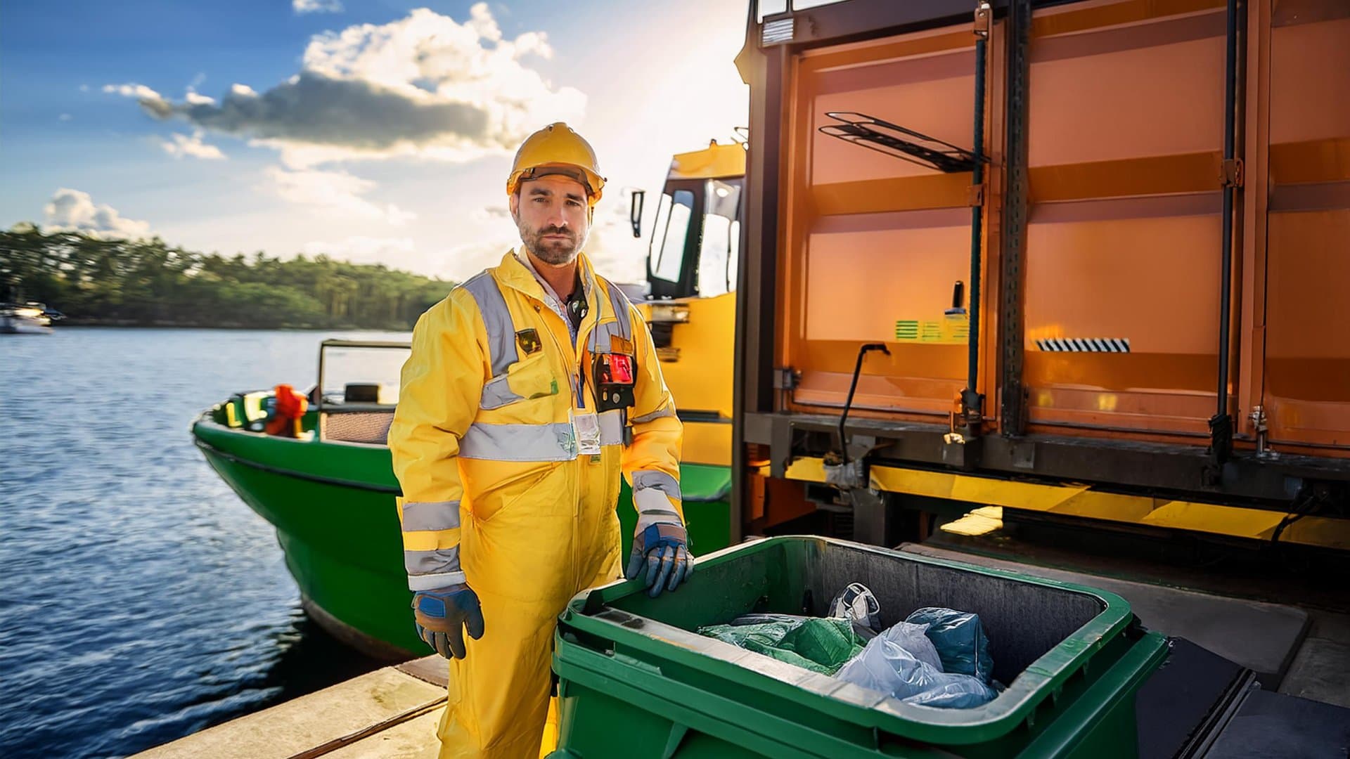 Port worker managing waste disposal on ship