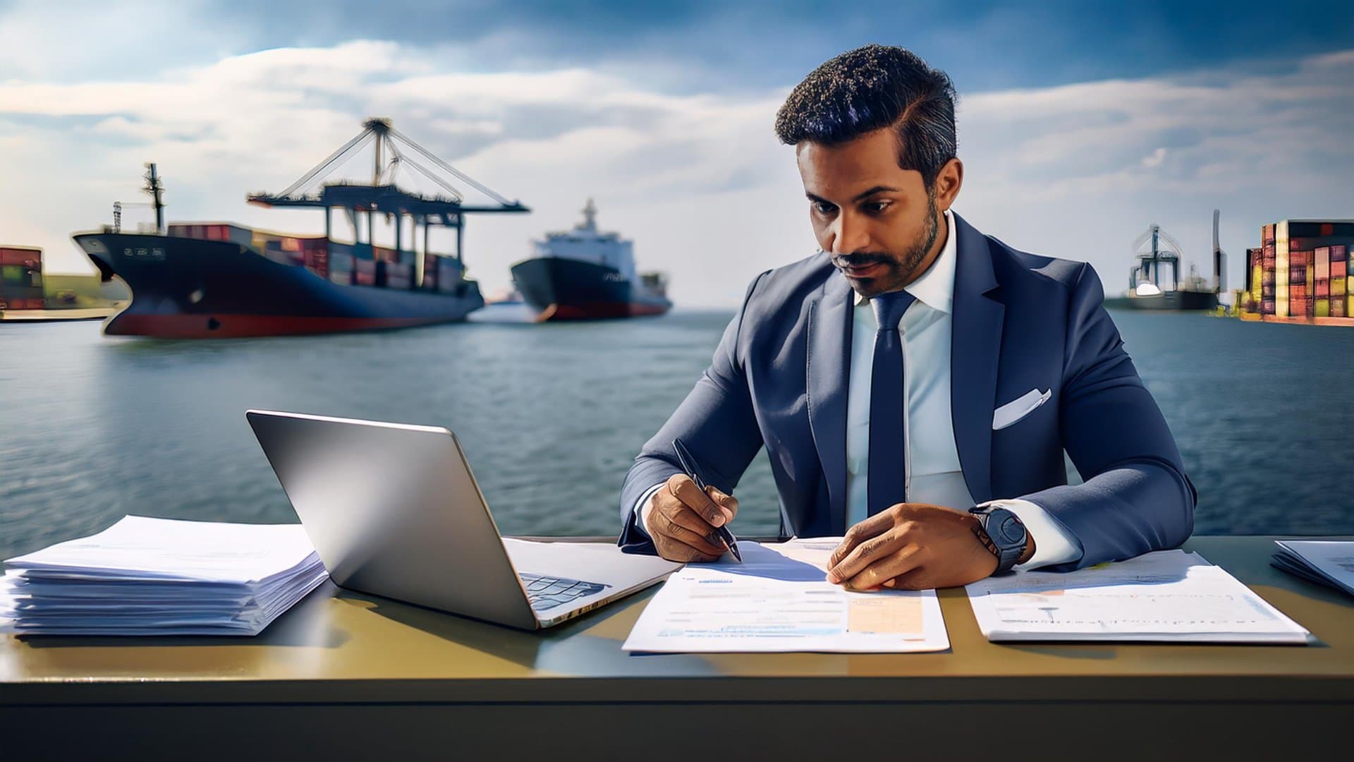Ship agent at desk with port in background