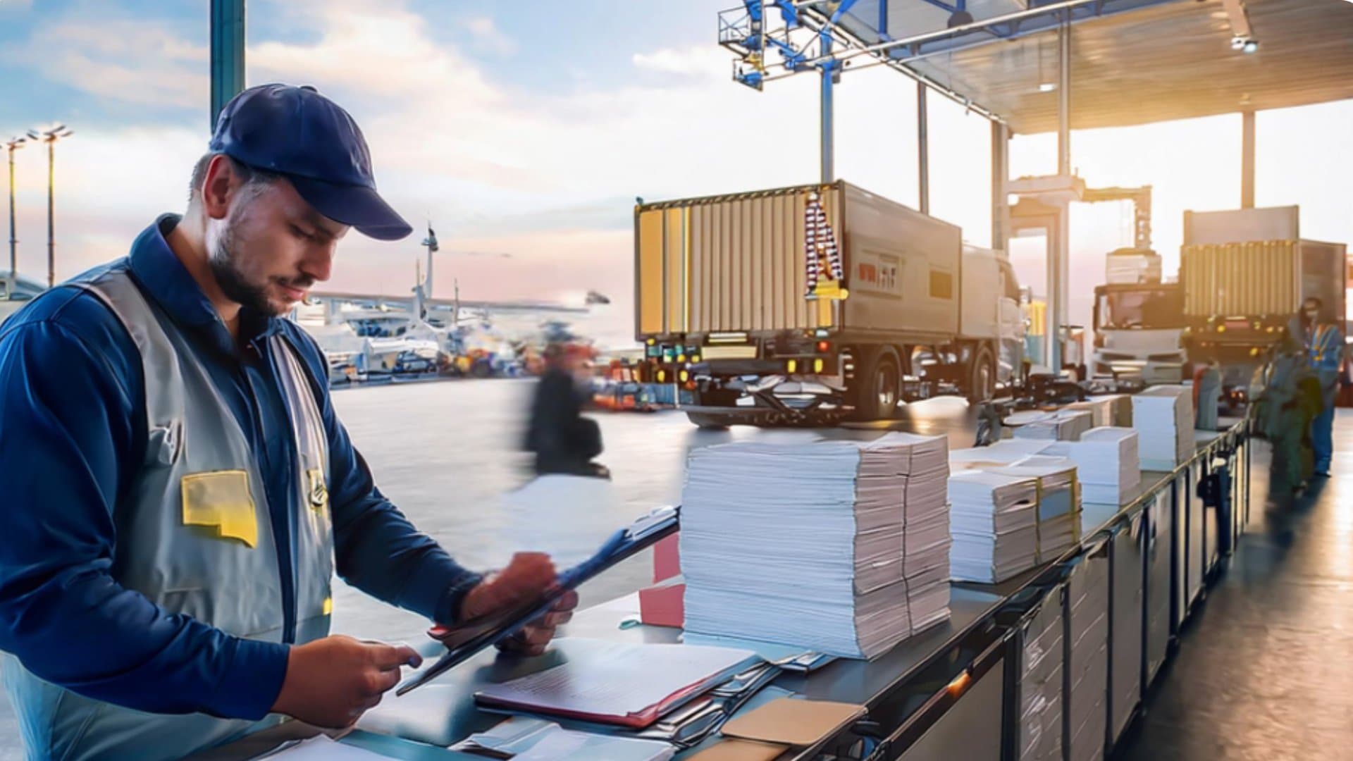 Customs clearance worker with shipping containers