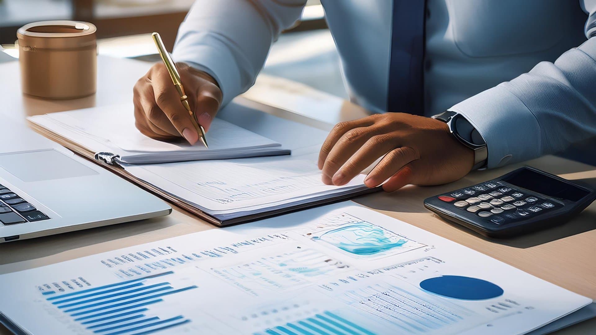 Business person analyzing duty and tax documents