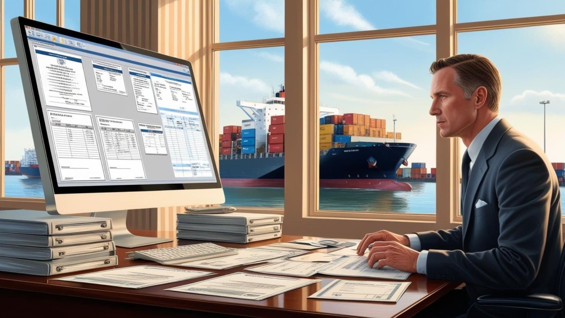 Customs broker preparing shipping documents at a desk with a port view