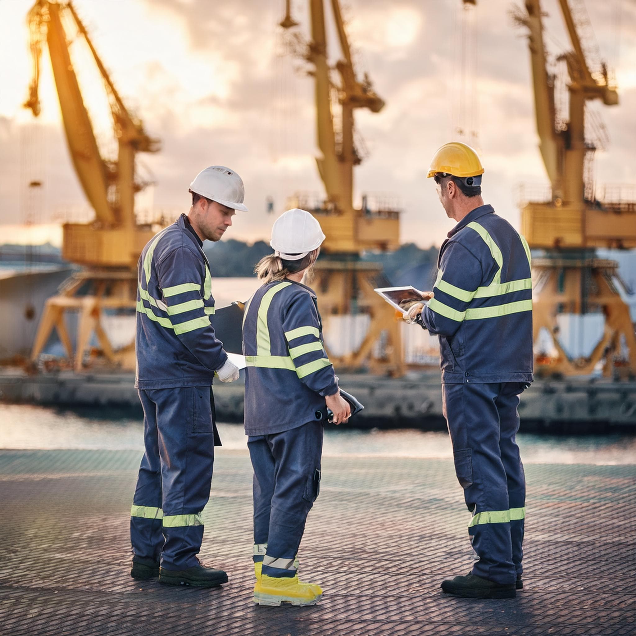 Workers discussing logistics at port