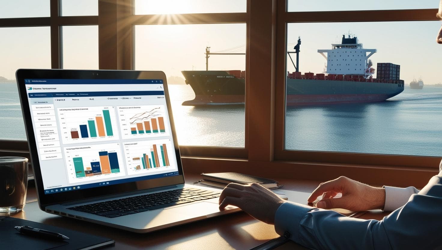 Laptop showing shipping analytics with ship in background
