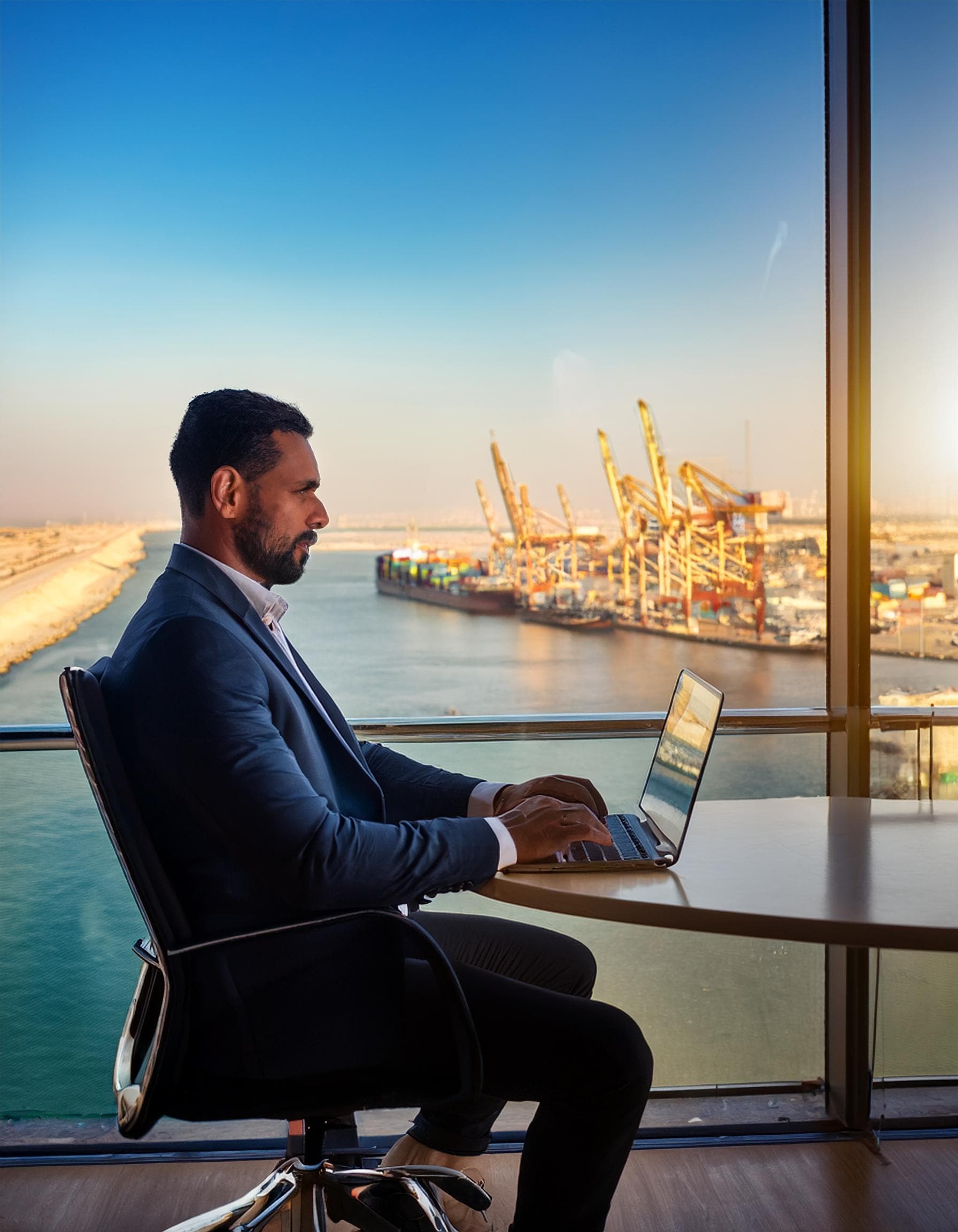 Professional at port with laptop