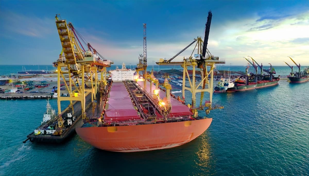Heavy lift cargo vessel at port