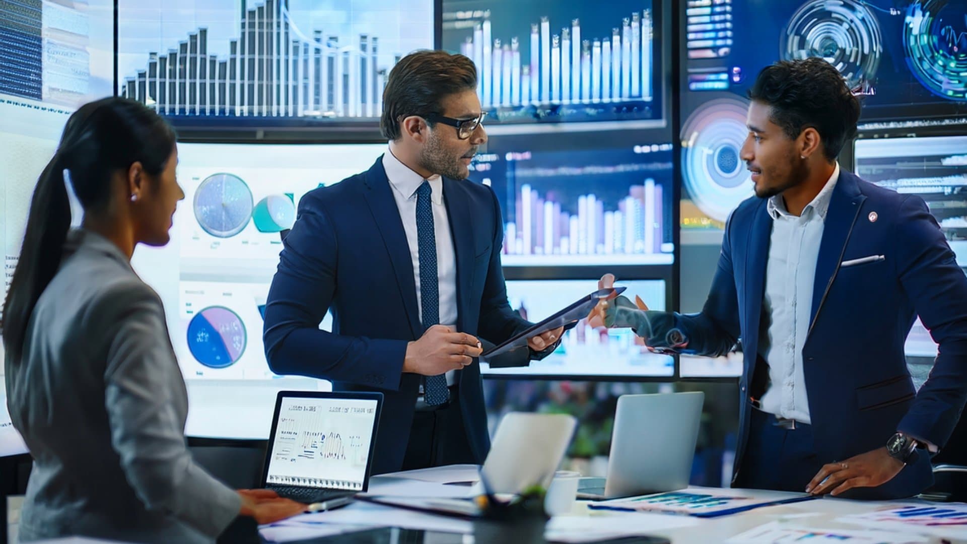 Team analyzing ship performance data on screens