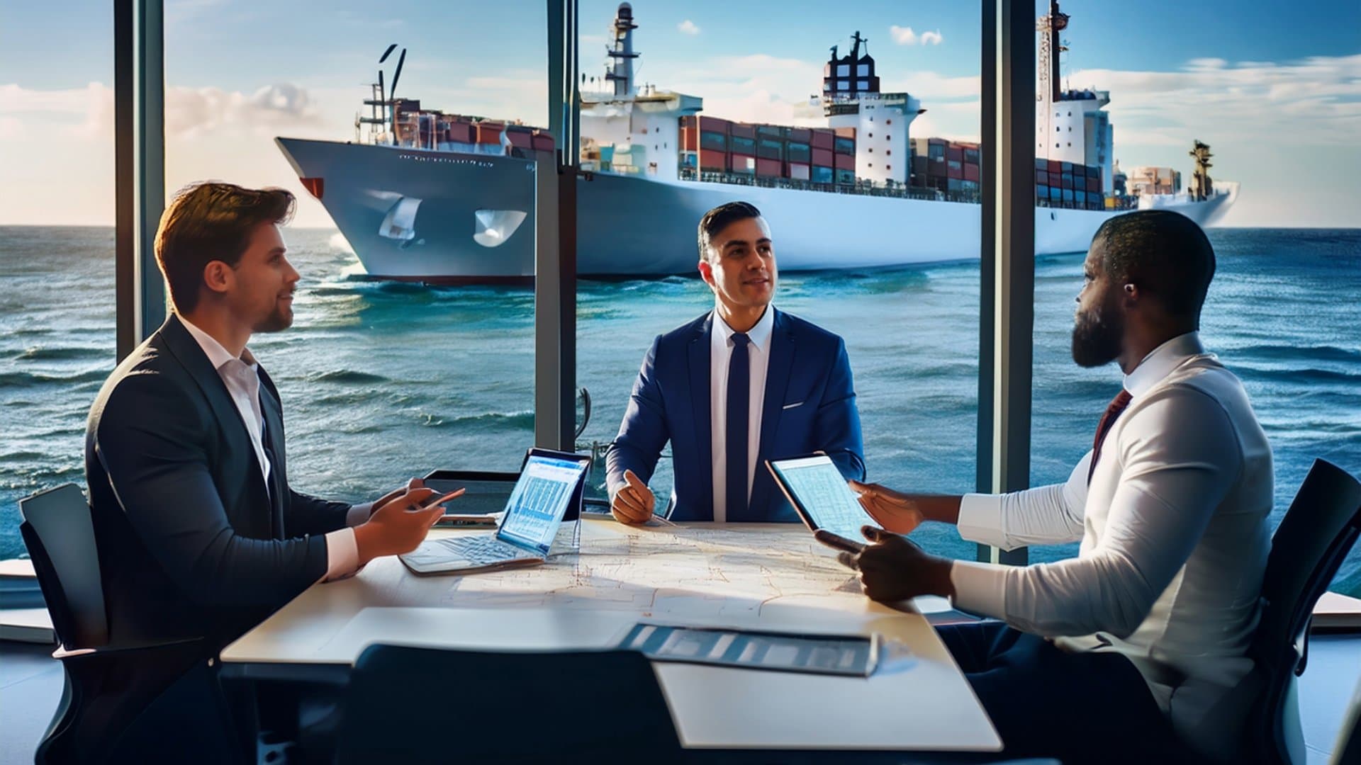 Business meeting for customized ship management solutions with ships in background