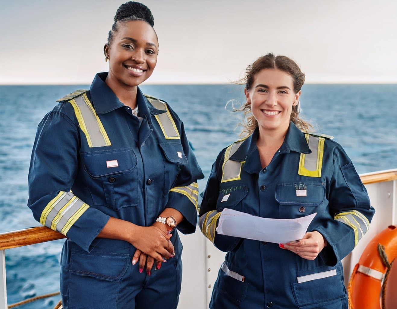 Two crew members in uniform smiling on deck