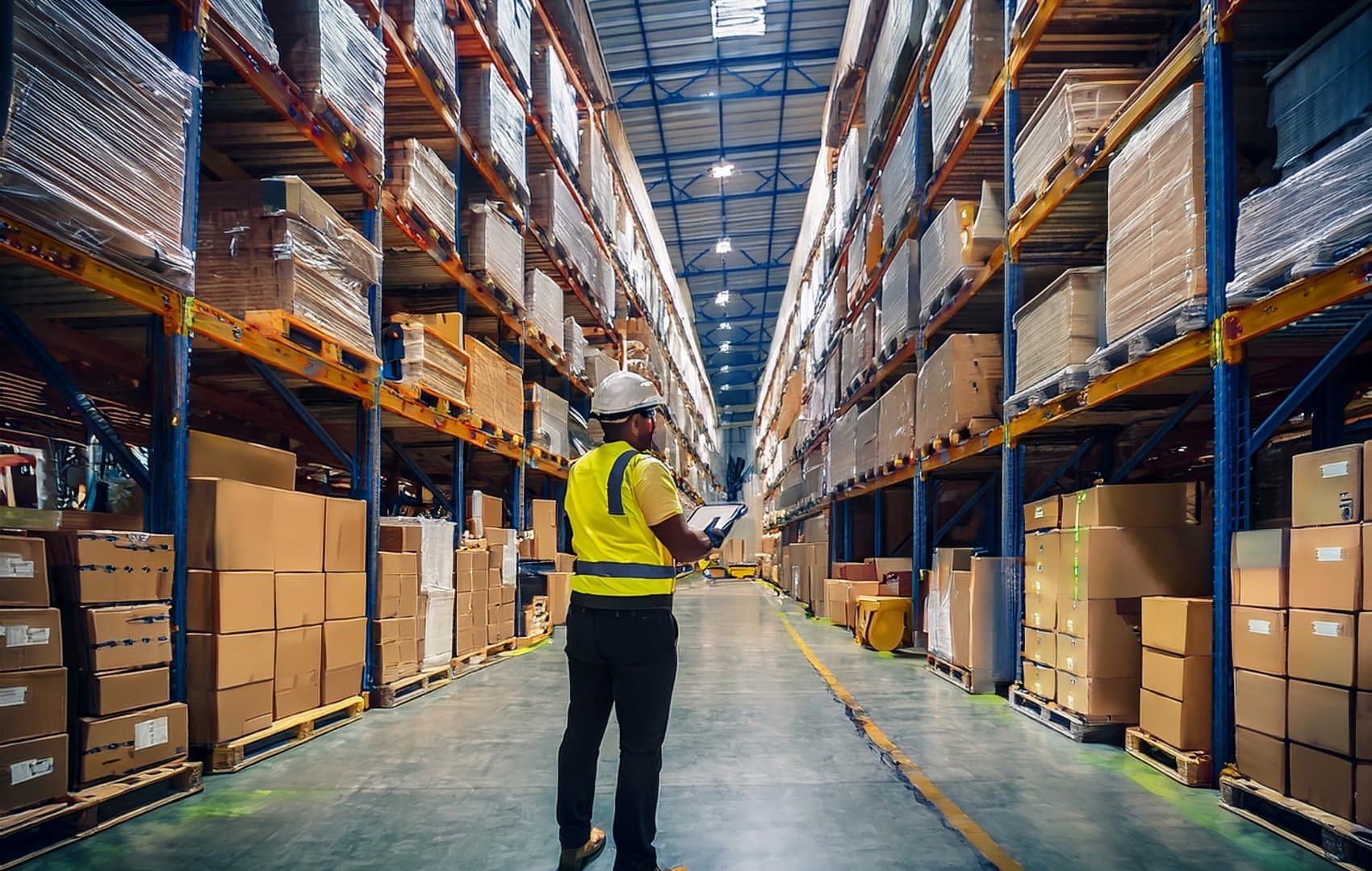 Warehouse worker in high-visibility vest standing in aisle of stocked shelves