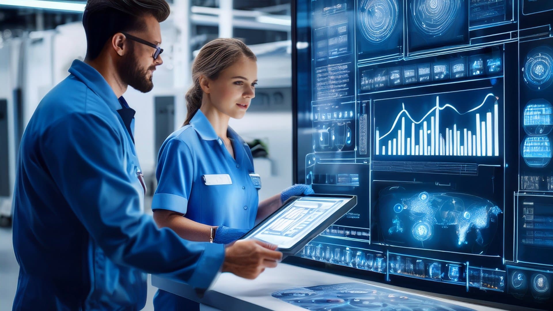 Engineers monitoring vessel maintenance and condition data on digital screens