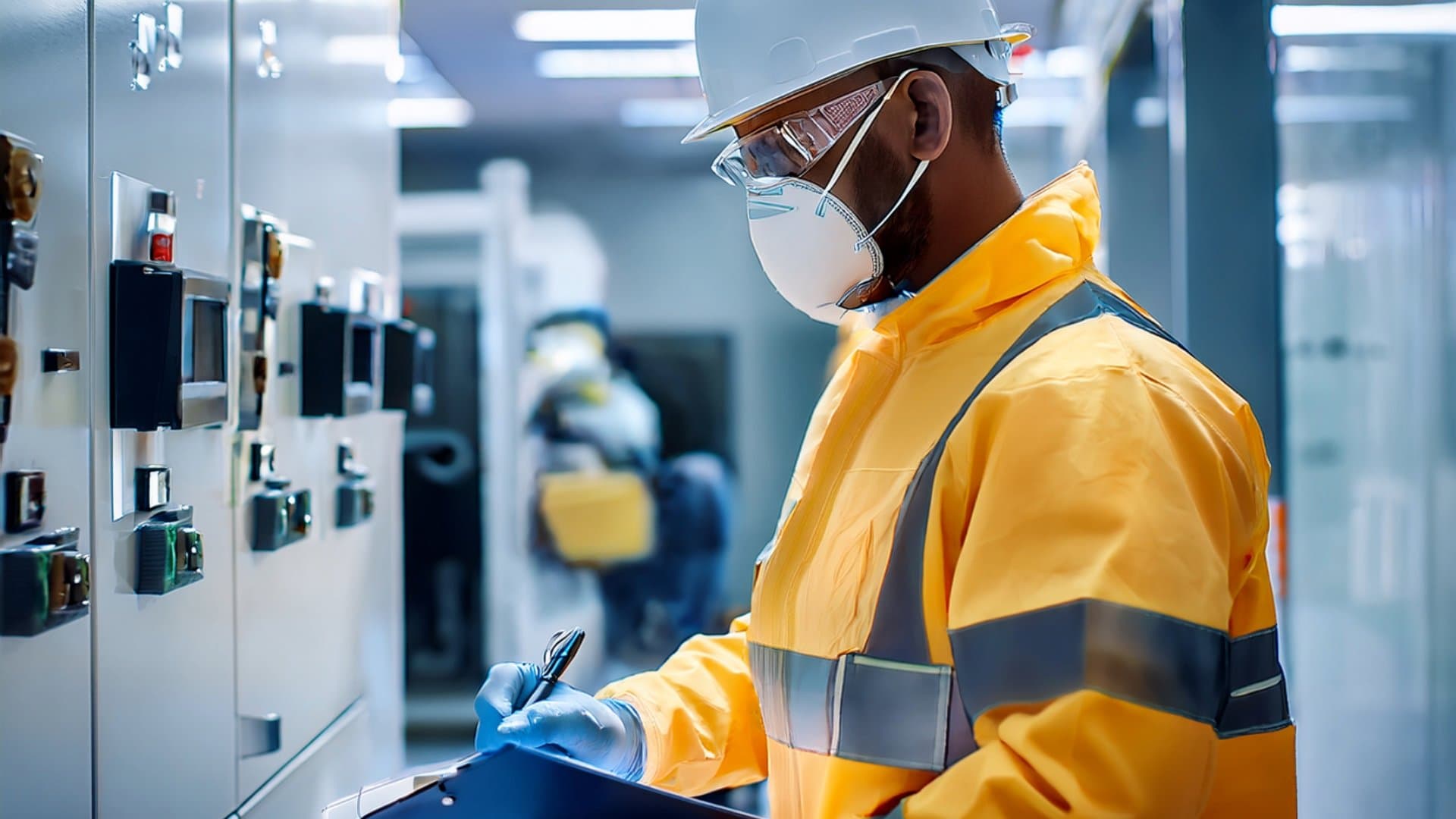 Engineer in safety gear inspecting control panels for quality management