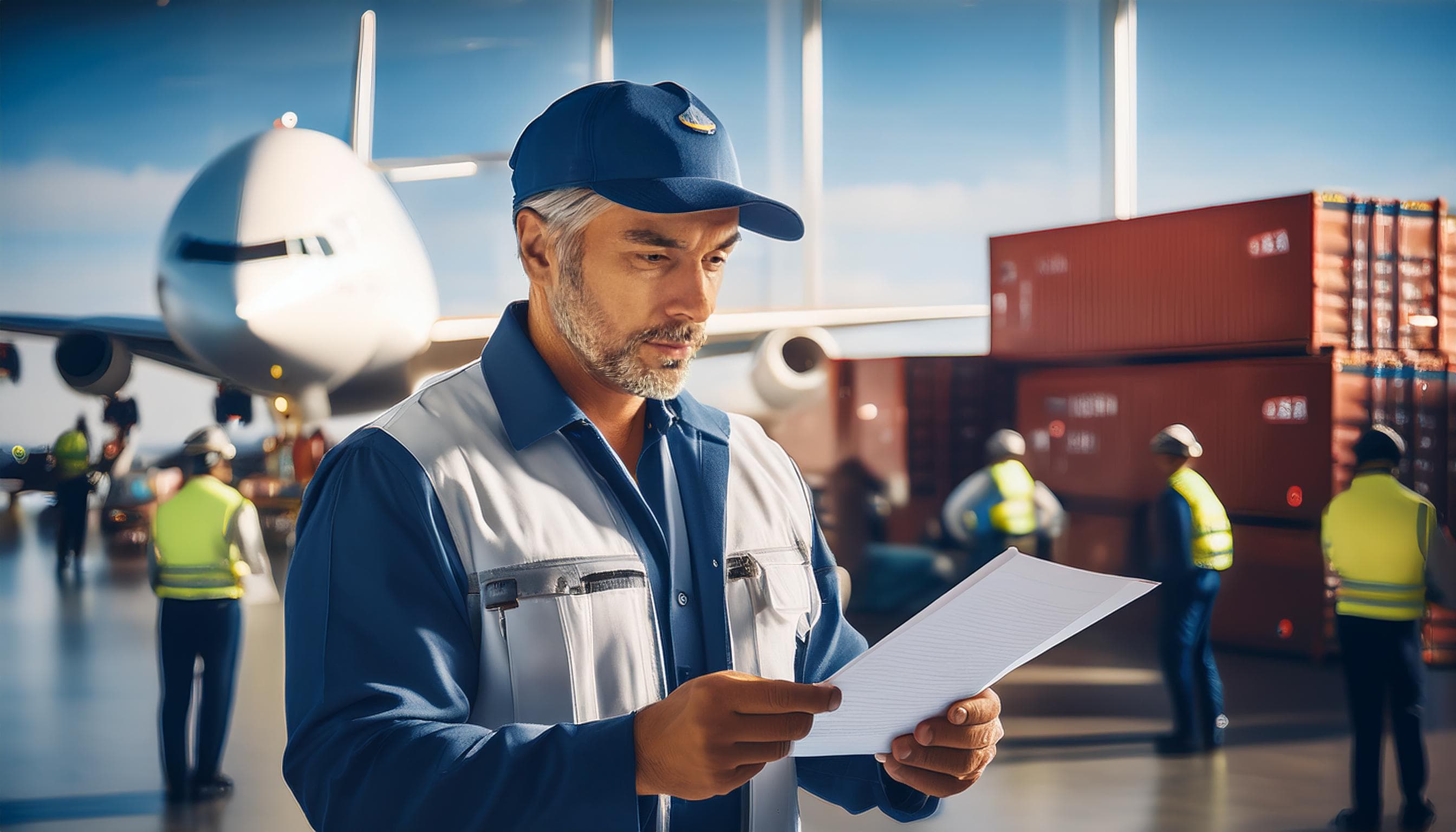 Customs officer inspecting documents for spare parts at port
