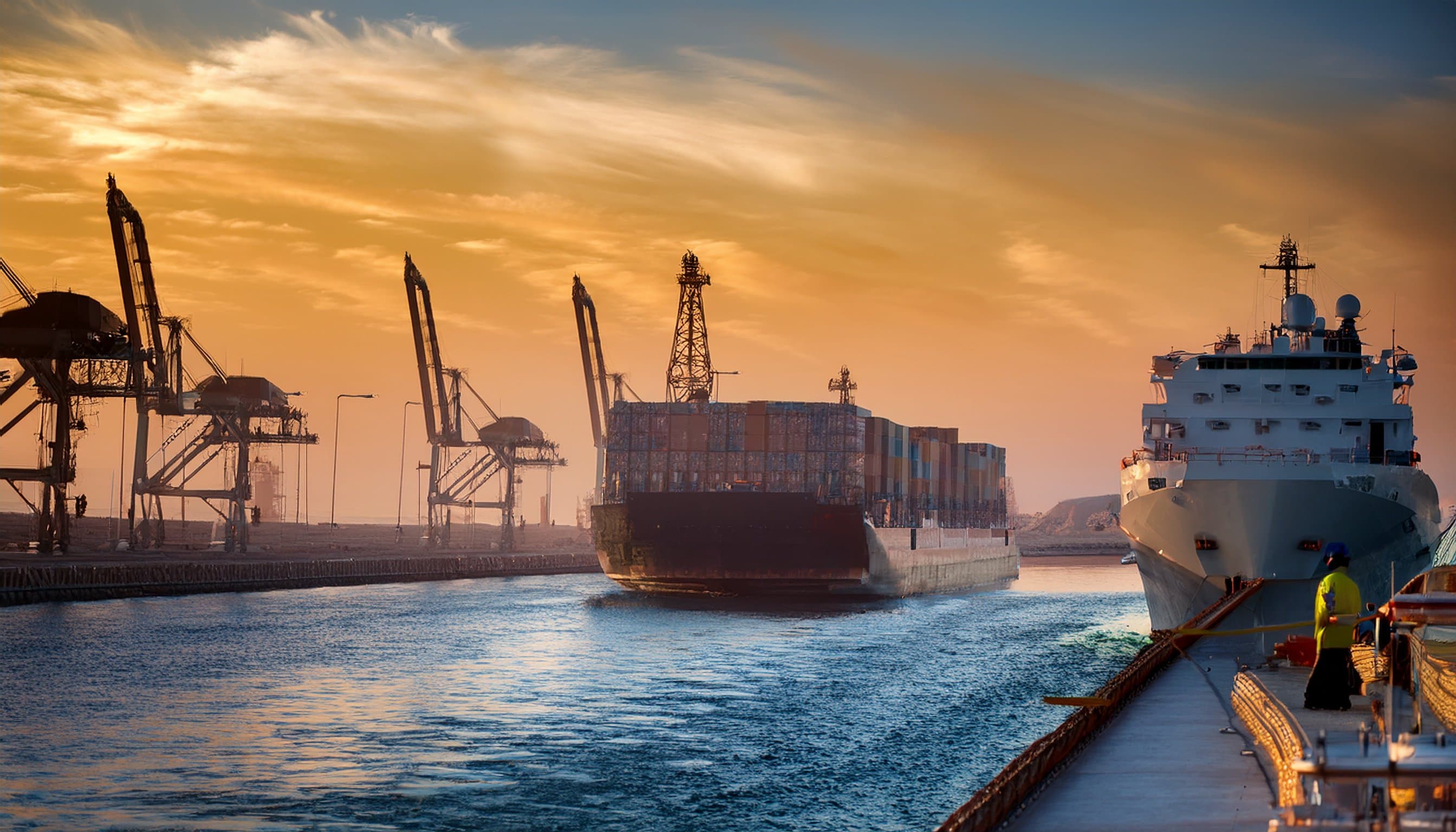 Ship transiting Suez Canal at sunrise with agent observing