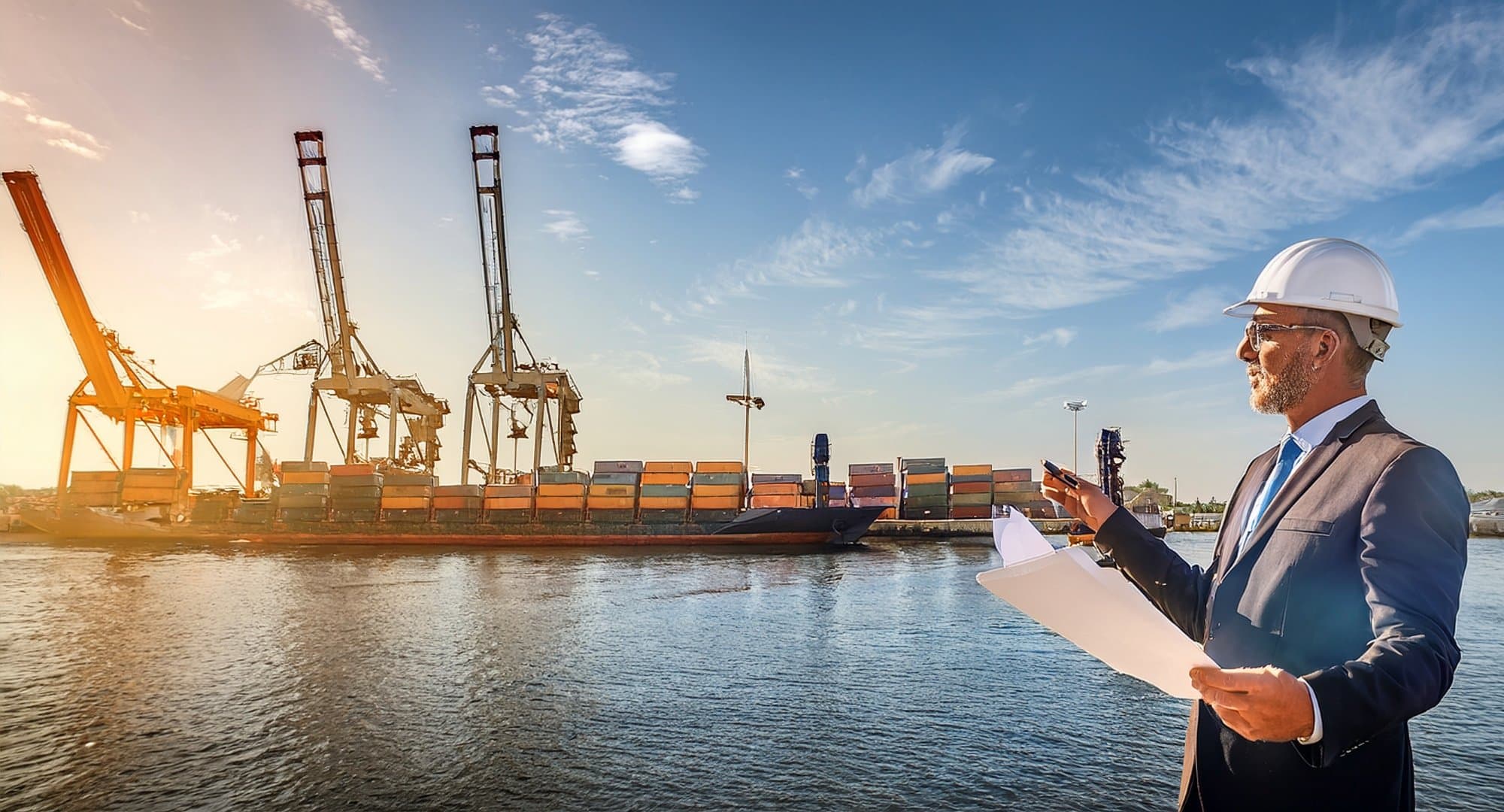 Port agent with clipboard at dock after Suez Canal transit